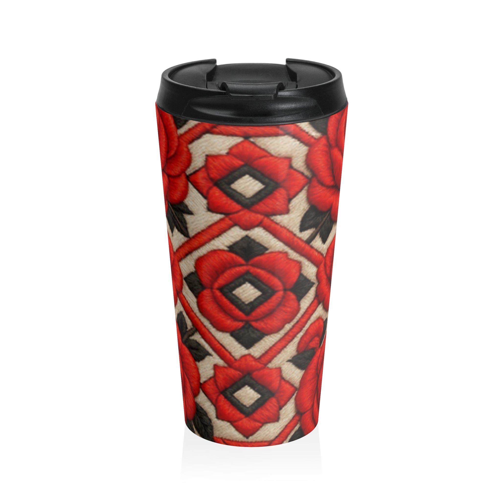Vintage Red Rose Travel Mug, Stainless Steel Insulated Coffee Tumbler, Floral Folk Pattern Mug, Elegant Boho Rose Cute Gift for Her 15oz