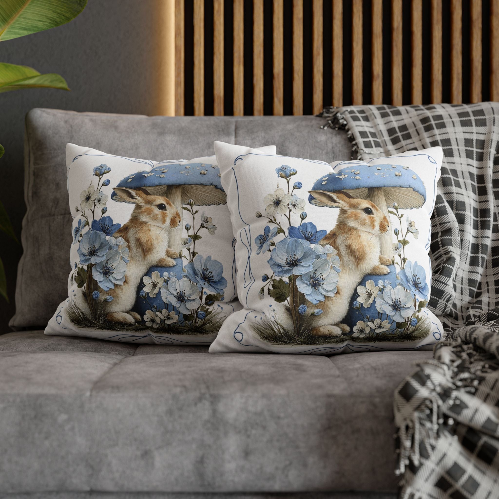 Blue Floral Bunny Collage Pillowcase | Square Decorative Pillowcase