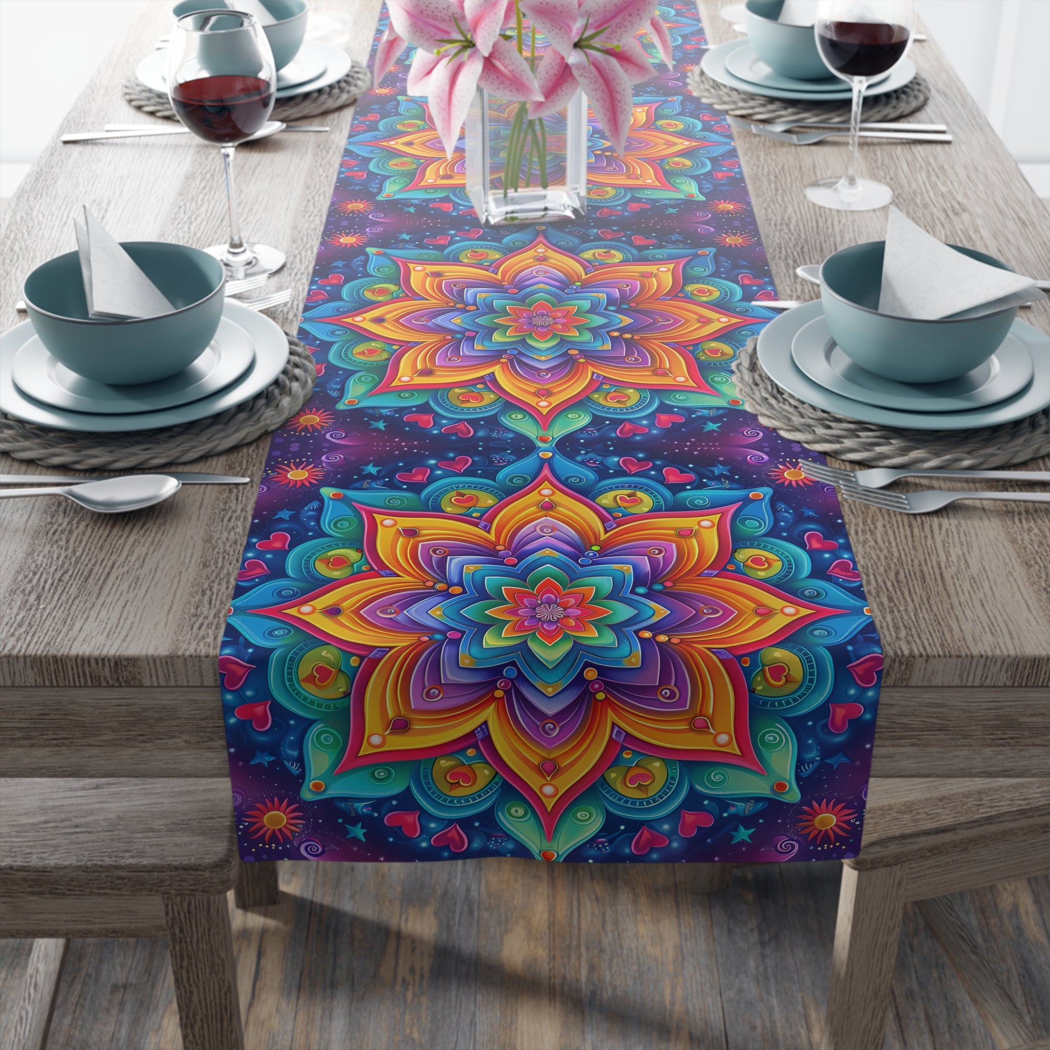 BLUESKYDEZIGN Colorful Mandala Polyester Table Runner - Bohemian Meditation Decor