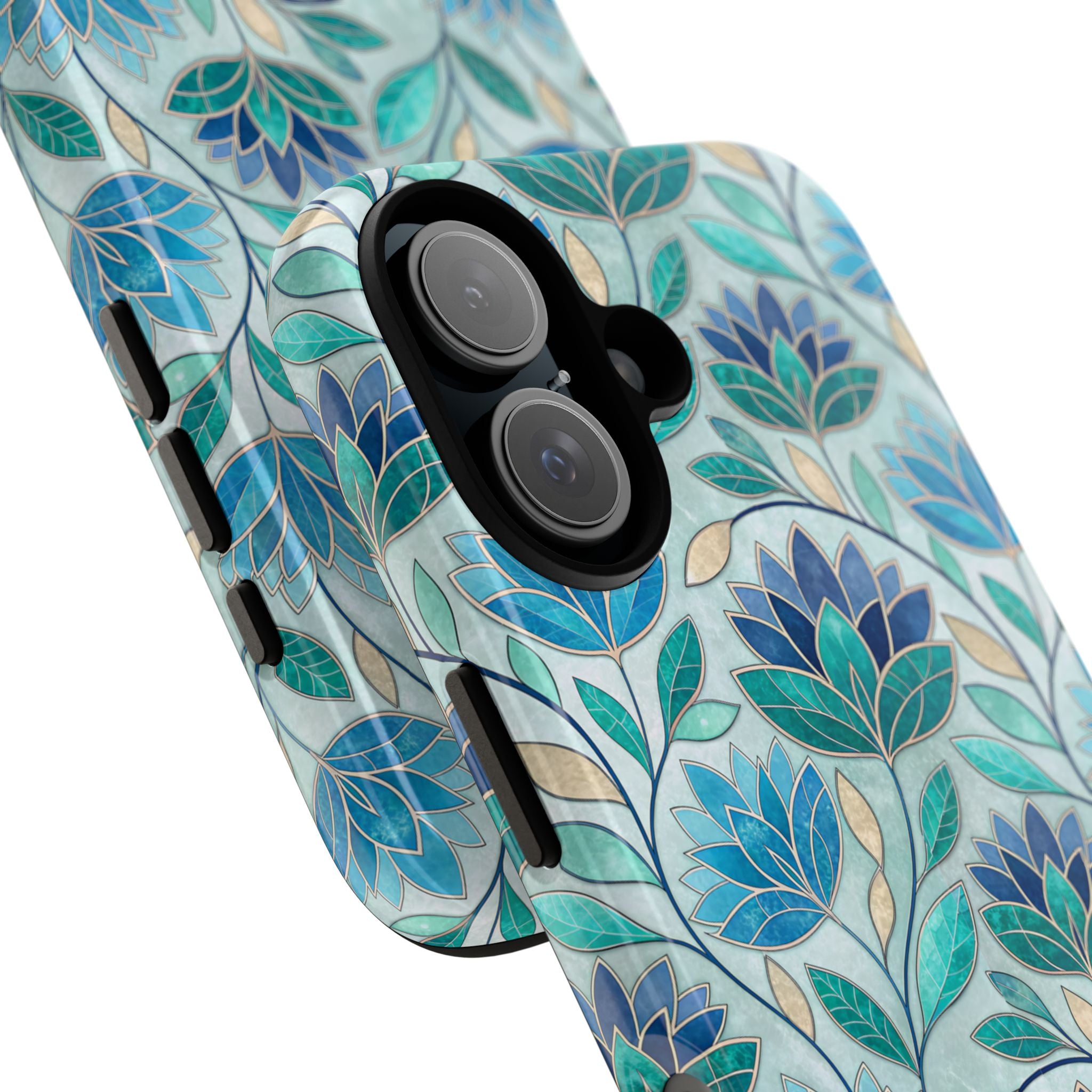 Mosaic iPhone Case, Stained Glass Floral Phone Cover, Teal Blue Protective Case, Matte Glossy Options, Artistic Mosaic Pattern