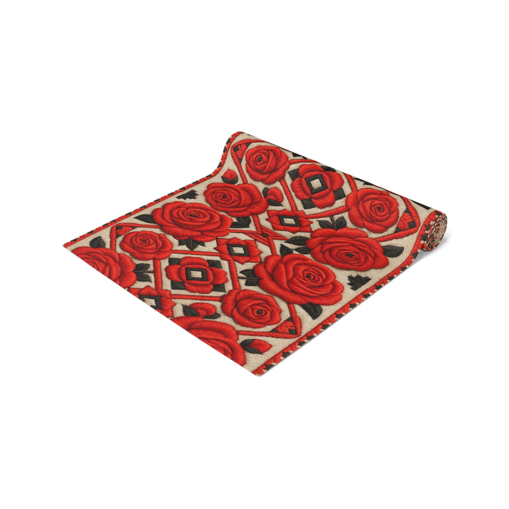 Red Roses Table Runner | Vintage Geometric Floral Dining Decor | Cotton Twill & Polyester