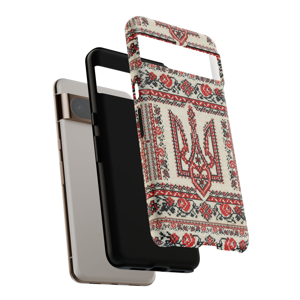 Ukrainian Trident Embroidery Phone Case • Red Black Trident Pattern • Protective Folk Art Cover for iPhone & Samsung