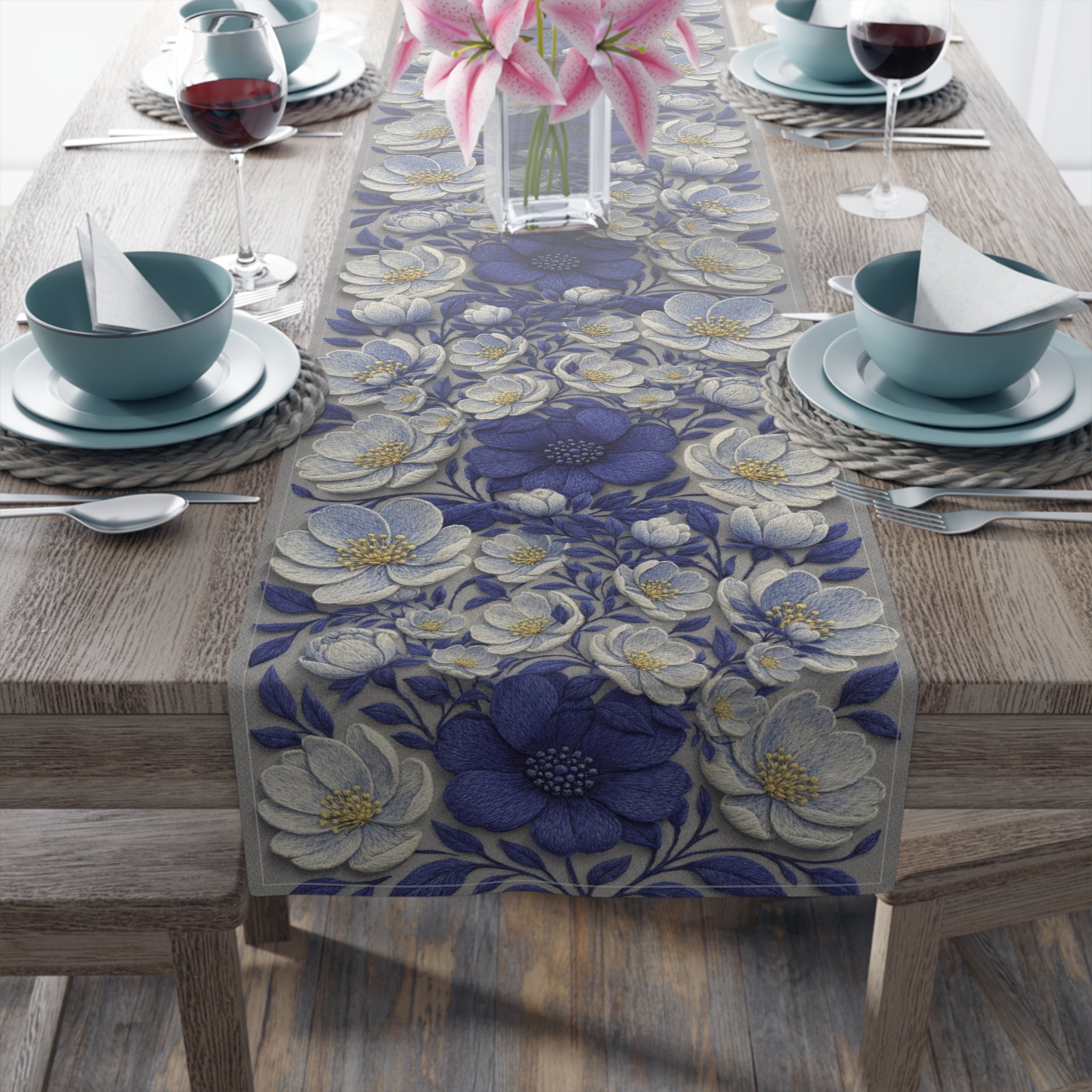 Denim Soul Floral Table Runner – Indigo & Navy Blooms | Cotton Twill or Polyester