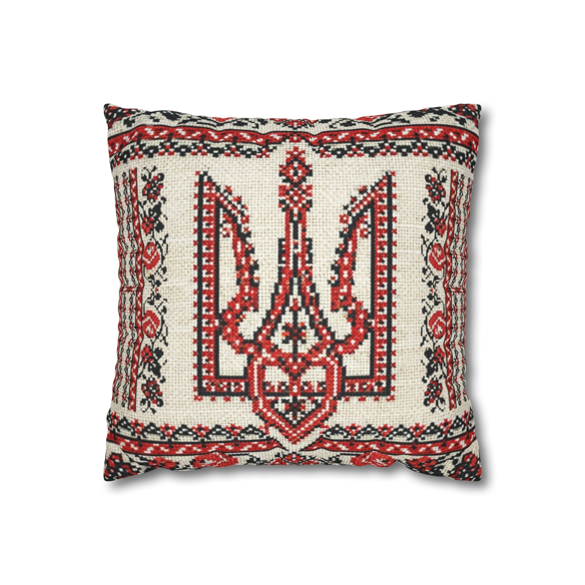 Tryzub Pillowcase, Ukrainian Red Black Embroidery, Folk Art Trident Cushion Cover for Home Decor