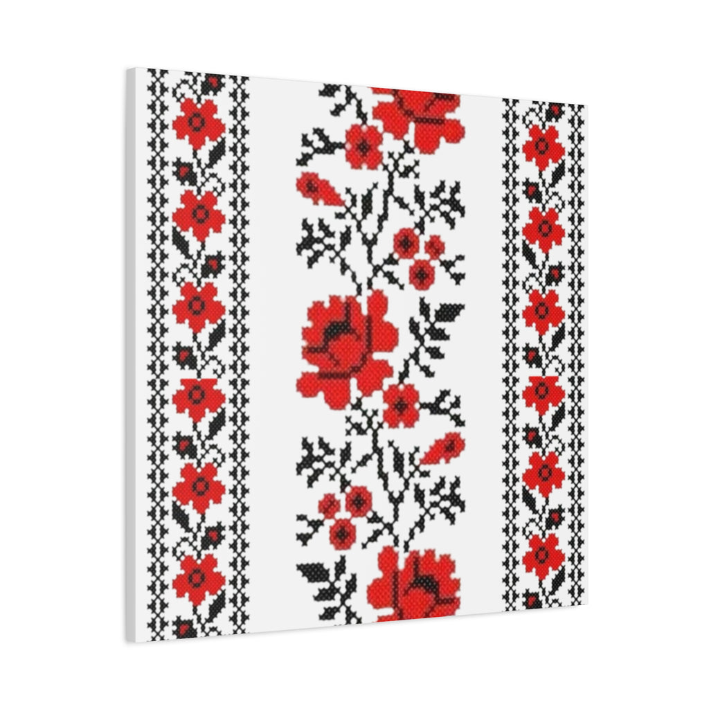 Ukrainian Embroidery Wall Art, Red Black Folk Floral Pattern, Traditional Slavic Home Decor Canvas for Living Room or Entryway, Matte Print, Stretched 1.25" Ready to Hang
