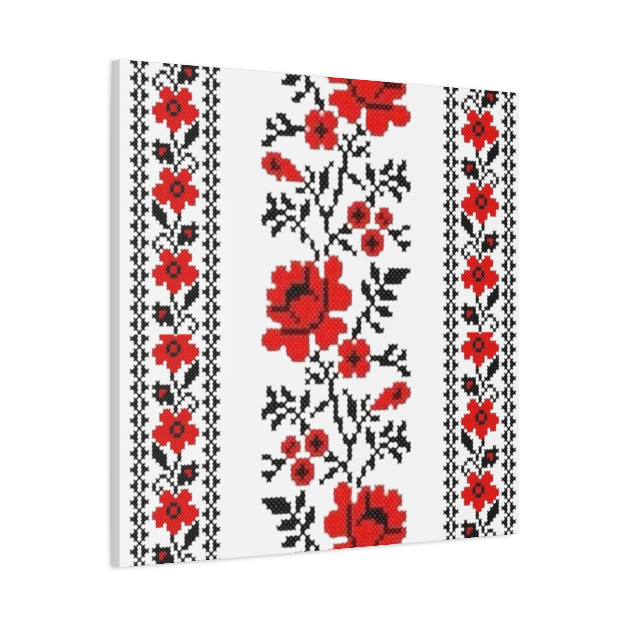 Ukrainian Embroidery Wall Art, Red Black Folk Floral Pattern, Traditional Slavic Home Decor Canvas for Living Room or Entryway, Matte Print, Stretched 1.25" Ready to Hang