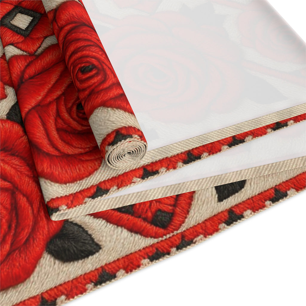 Red Roses Table Runner | Vintage Geometric Floral Dining Decor | Cotton Twill & Polyester