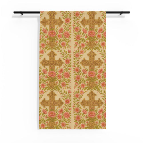 Blessed Home Floral Cross Sheer Curtain Panel | Vintage Rose Religious Window Treatment | 50"×84"