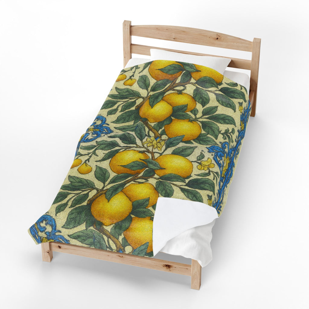 Citrus Riviera Orange Blossom Velveteen Plush Blanket – Mediterranean Botanical Throw | William Morris Style