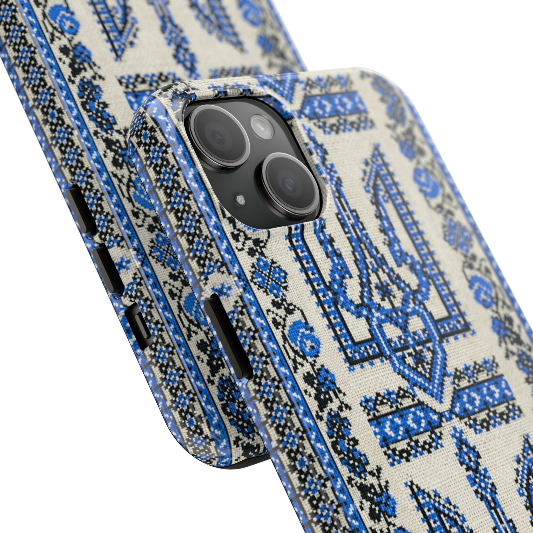 BLUESKYDEZIGN | Ukrainian Trident Freedom Phone Case | Blue Tryzub Vyshyvanka Embroidery iPhone Cover | Artist-Designed