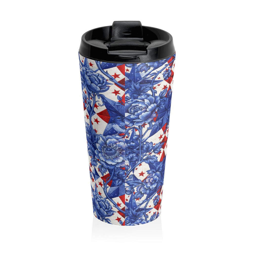 America 250th Anniversary Travel Mug | Toile Floral & Stars | BLUESKYDEZIGN