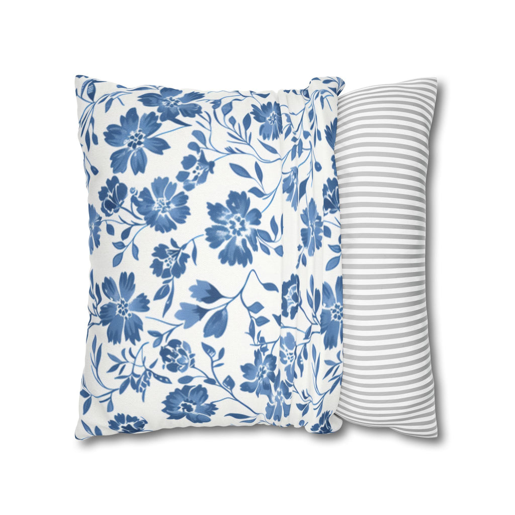 Light Blue Floral Pillowcase Spun Polyester Square Pillowcase | Blue Flower Pillow Cover