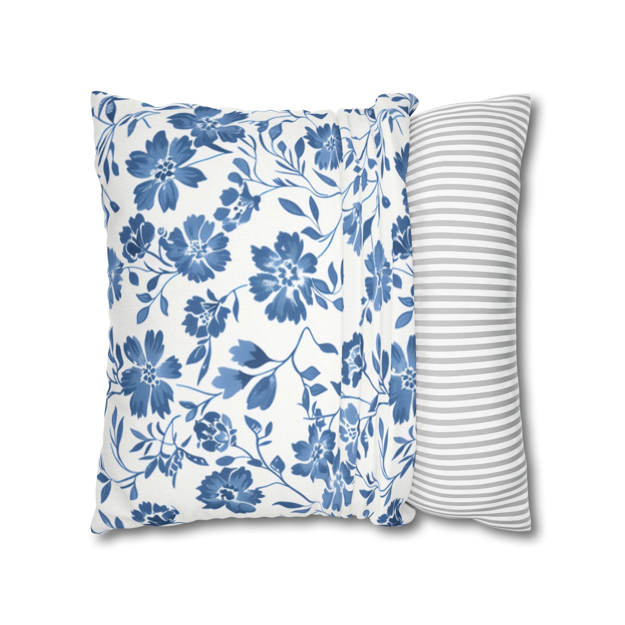 Light Blue Floral Pillowcase Spun Polyester Square Pillowcase | Blue Flower Pillow Cover
