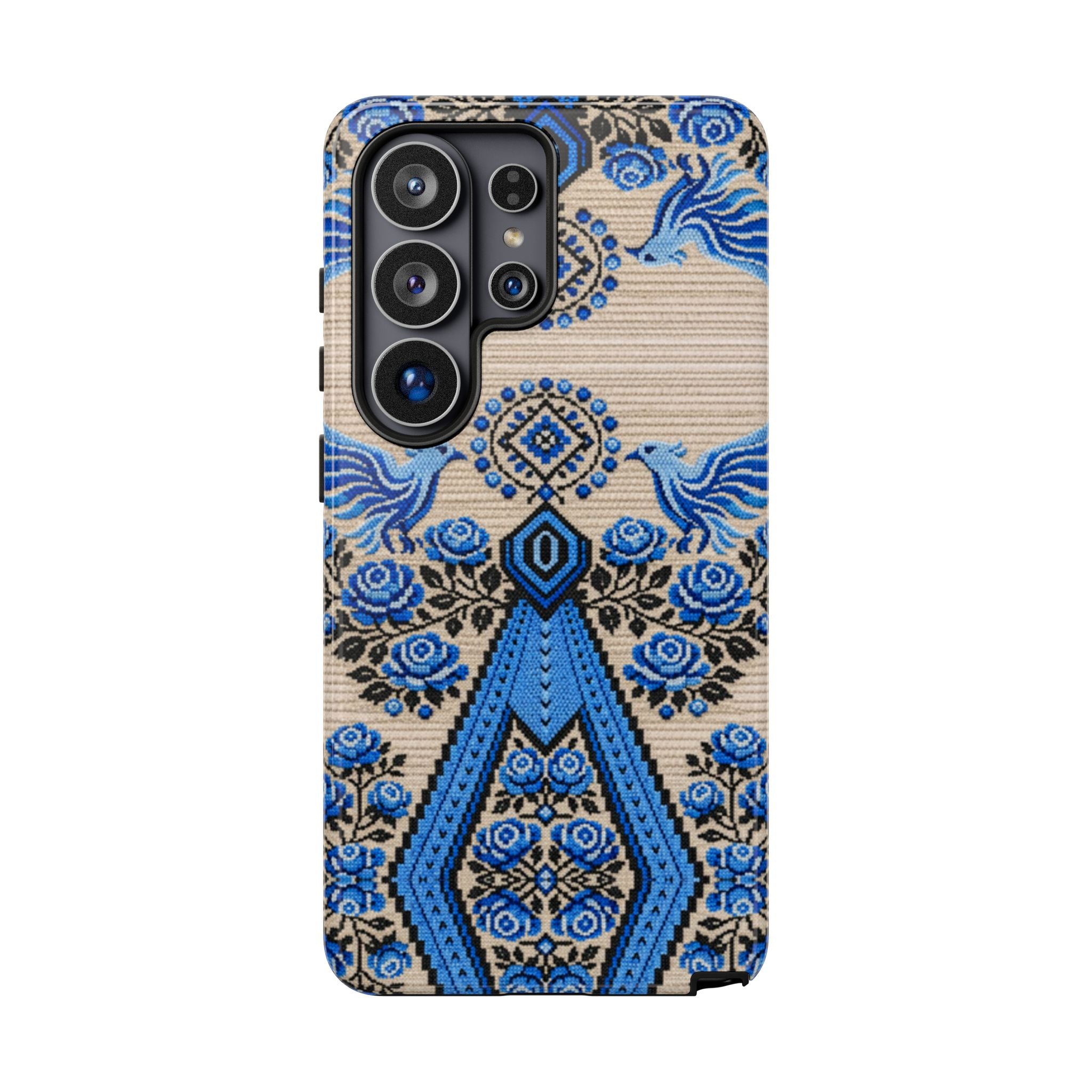 Ukrainian Phone Case  Blue Black Berehynia Design, Falcons & Roses Folk Art, Slavic Embroidery Style Protective Cover