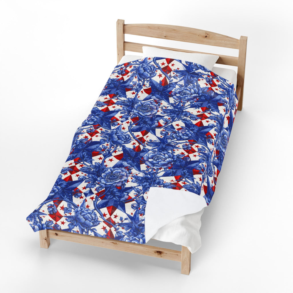 America 250th Anniversary Plush Blanket - Patriotic Blue Toile Floral & Red Star Velveteen Throw