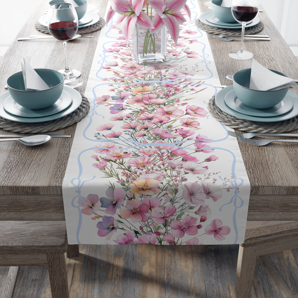BLUESKYDEZIGN Spring Pink Purple Floral Table Runner - Botanical Wedding Decor