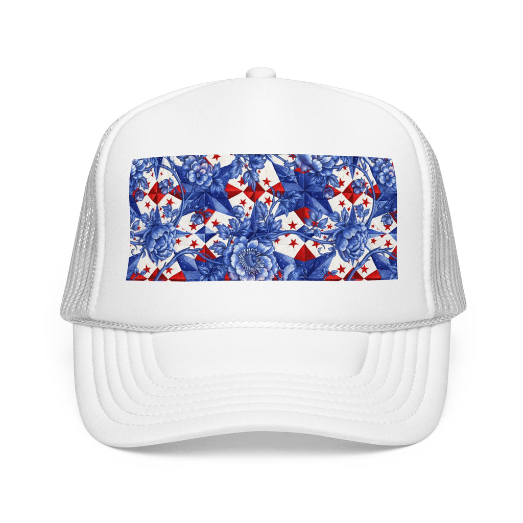 America 250th Anniversary Trucker Hat | Patriotic Toile Floral & Stars | BLUESKYDEZIGN
