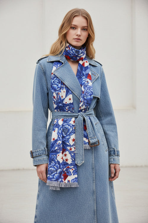 America 250th Anniversary Scarf | Patriotic Blue Toile Floral & Stars | BLUESKYDEZIGN