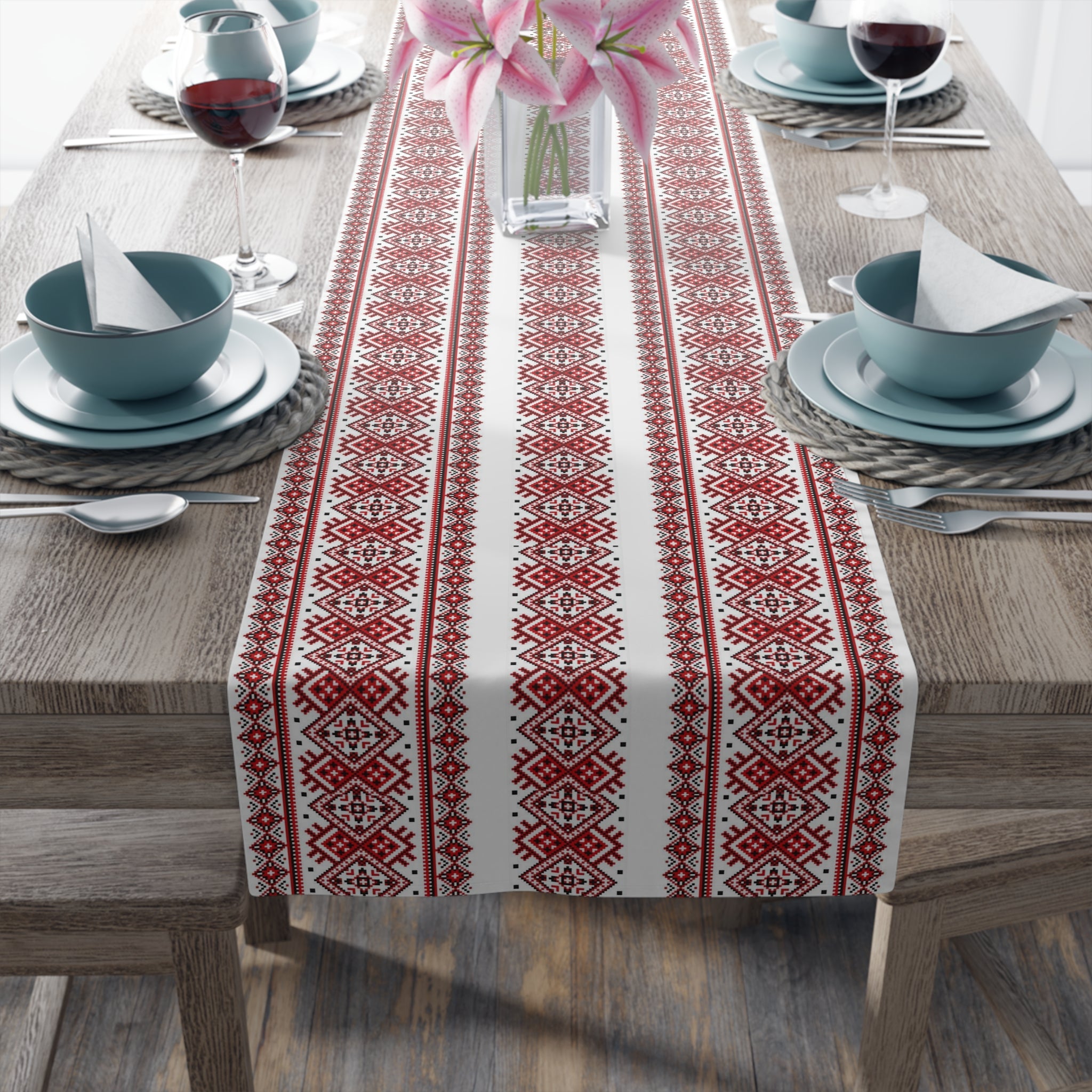 BLUESKYDEZIGN Ukrainian Folk Art Table Runner - Red Black Embroidery Pattern