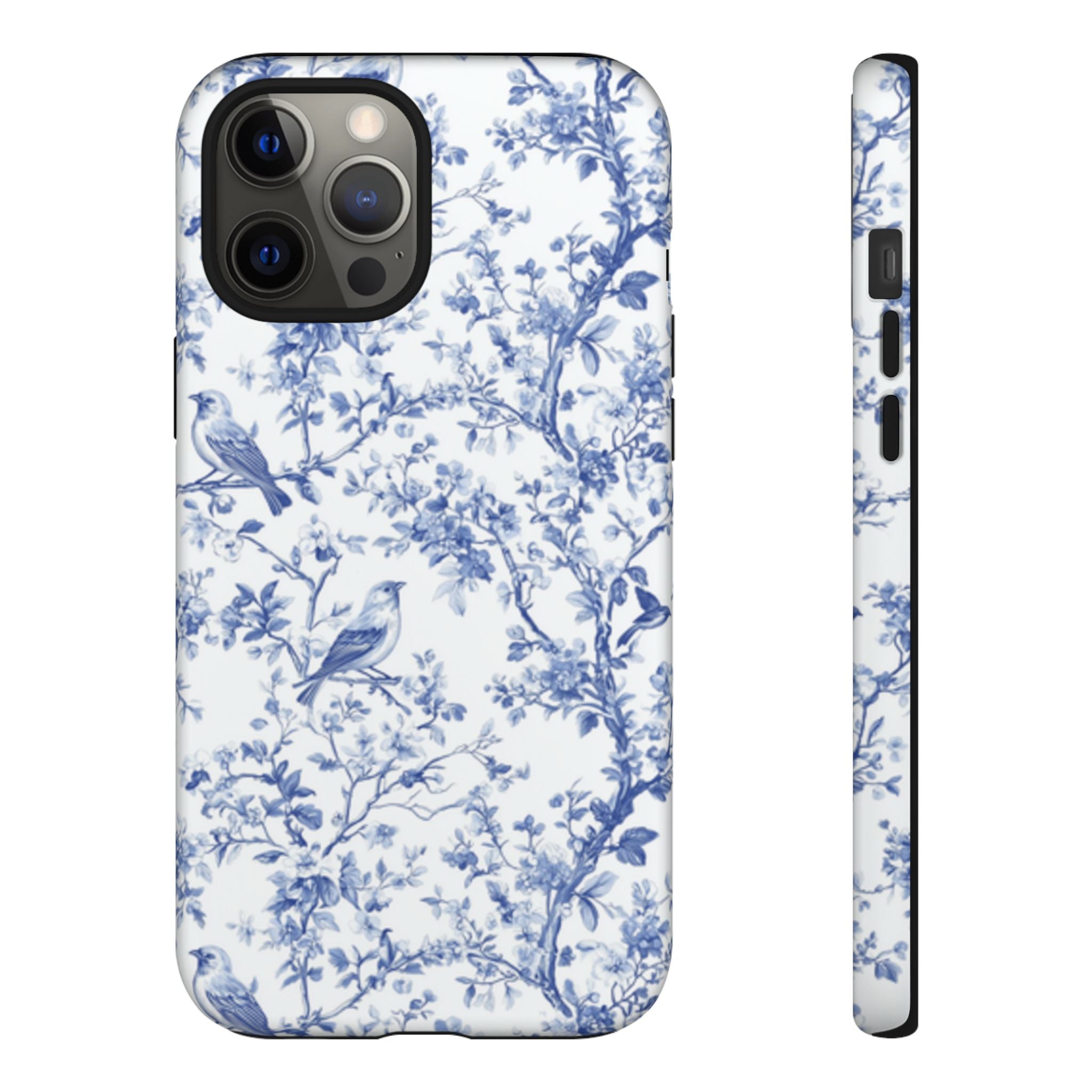 Blue Floral Vine Phone Case, Toile-inspired romantic floral Marbleized Branch Pattern