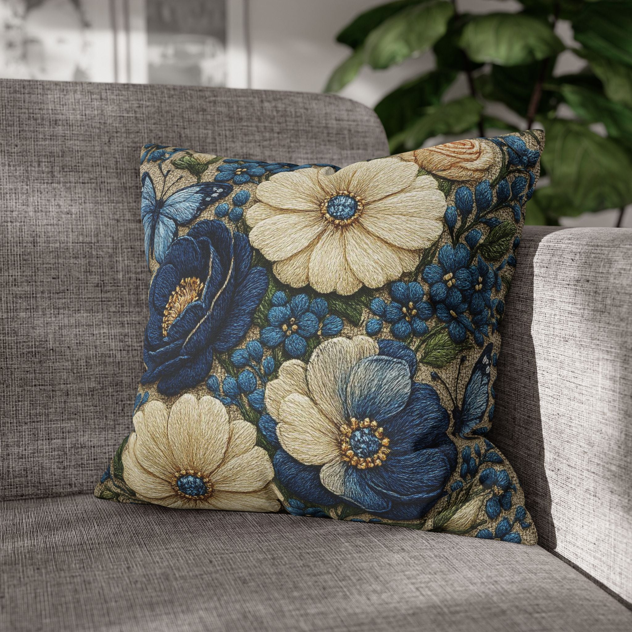 Wild Beauty Floral Throw Pillow Cover – Blue & Cream Botanical Cushion Case