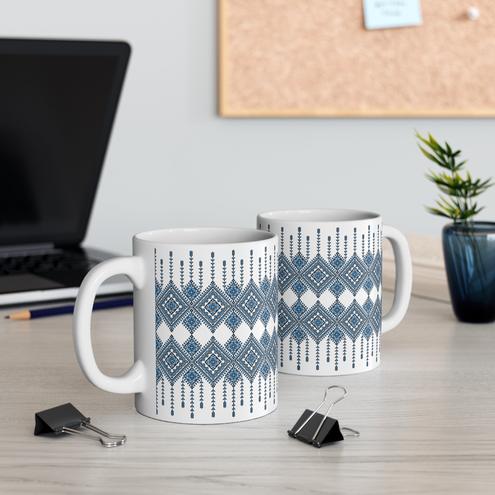 Ukrainian Pattern Mug 11 oz, Blue Folk Design Coffee Cup, Slavic Geometric Print Ceramic Mug