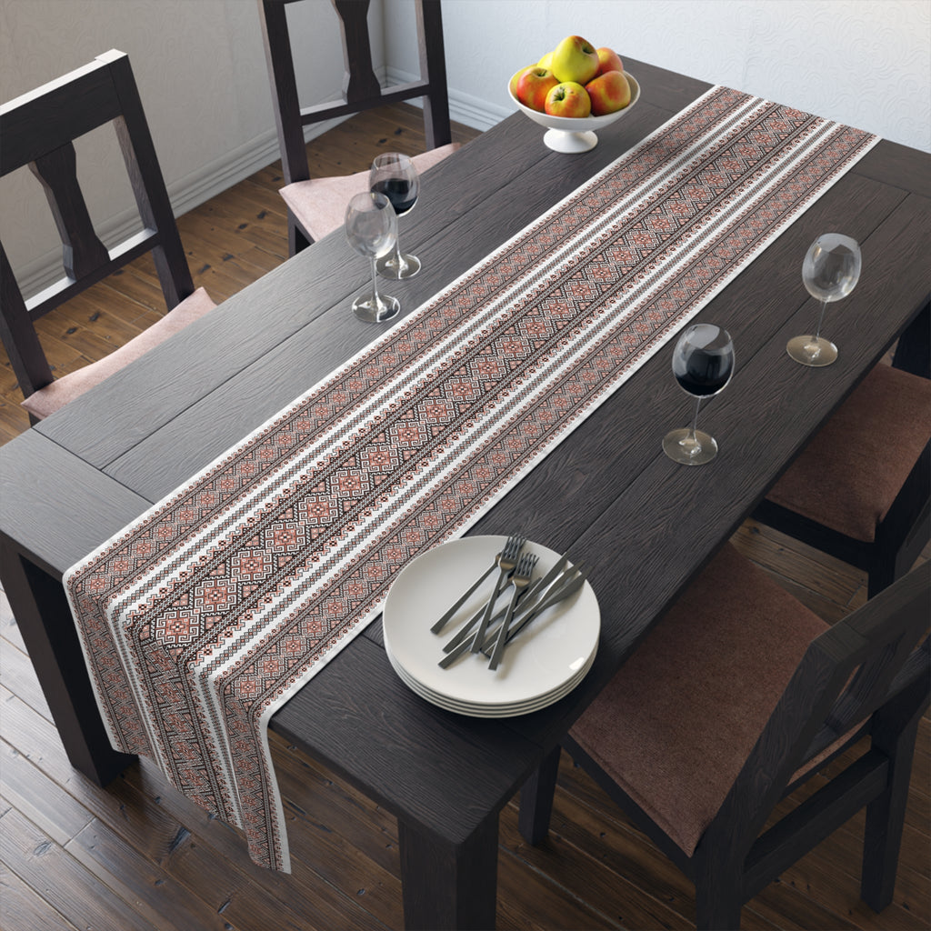 Stasia Red Folk Art Table Runner | Ukrainian Heritage Red & Black Geometric Linen
