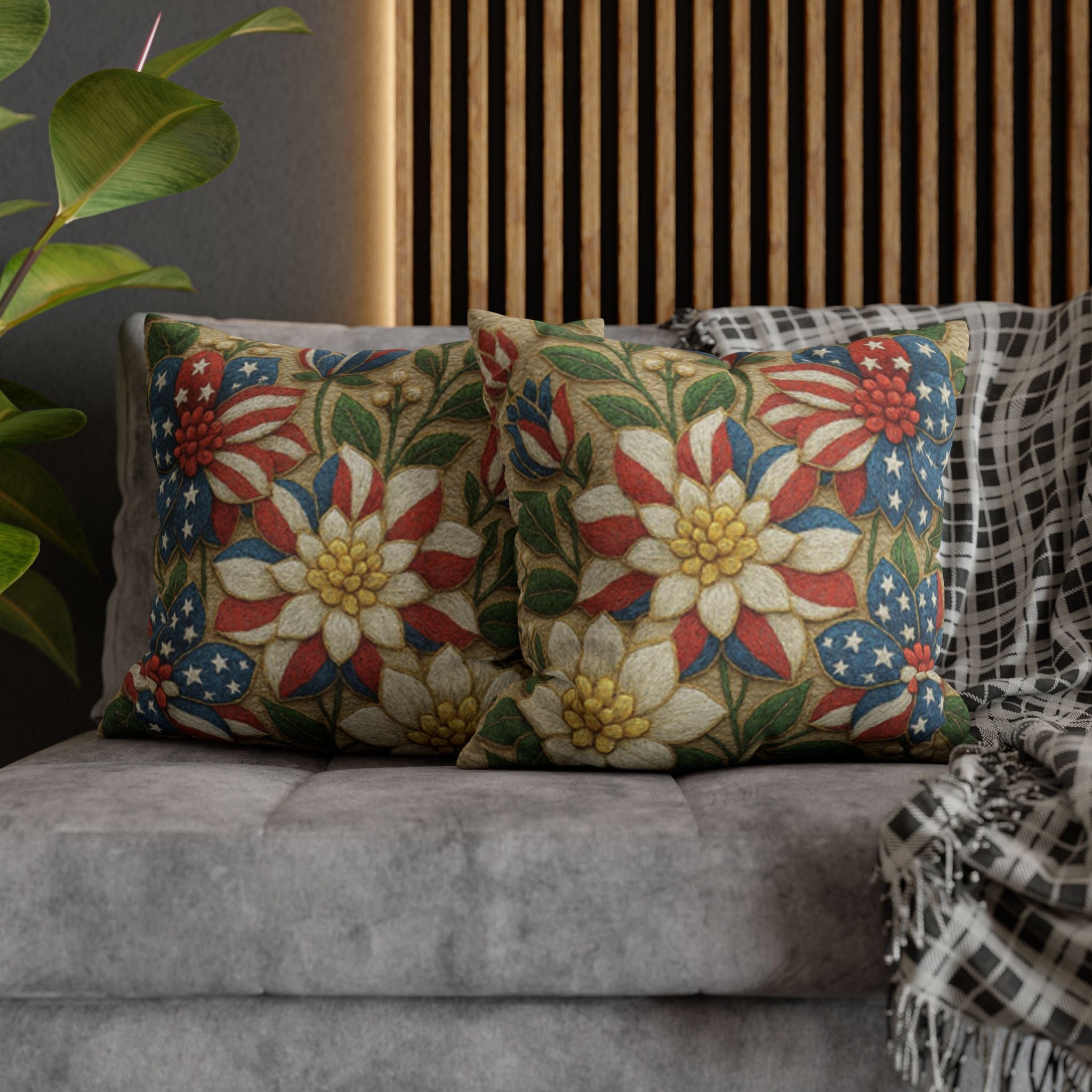 Patriotic Floral Pillowcase | Red White Blue Bouquet Cushion Cover | 4th of July Decor