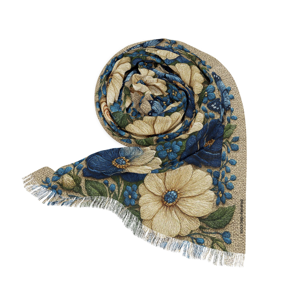Wild Beauty Floral Scarf – Blue & Cream Botanical Shawl Wrap