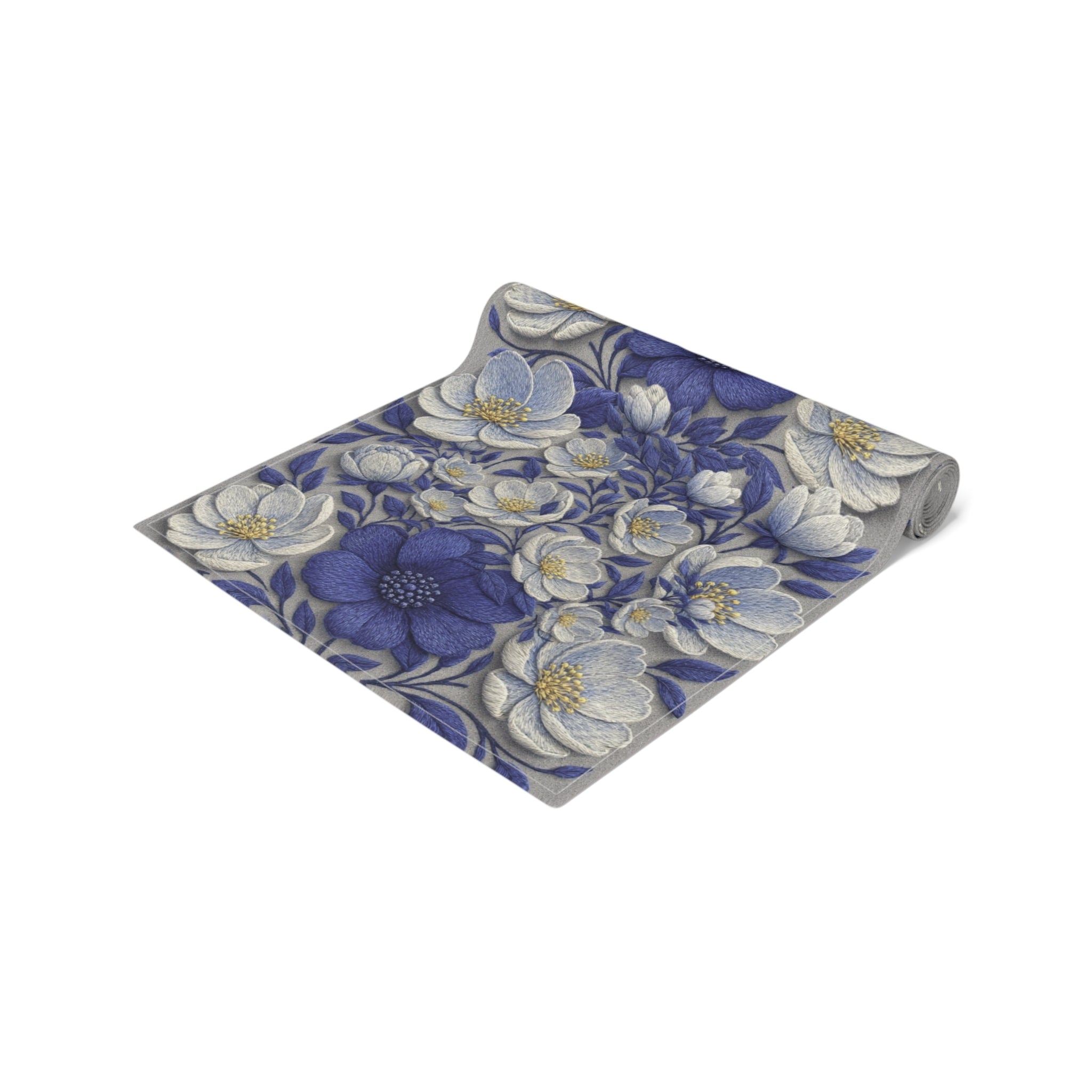 Denim Soul Floral Table Runner – Indigo & Navy Blooms | Cotton Twill or Polyester