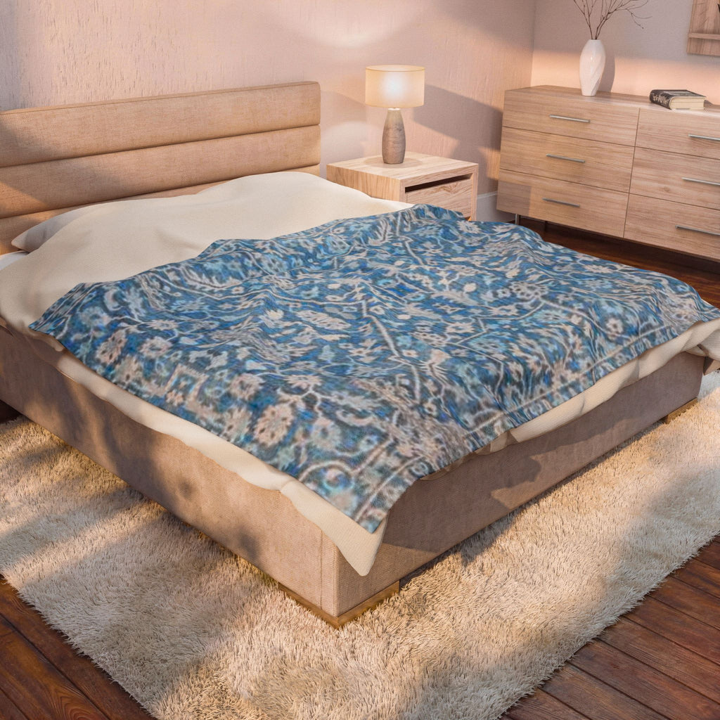 BLUESKYDEZIGN Grandmother's Heritage Velveteen Blanket - Blue Vintage Floral Boho Throw, Modern Rustic