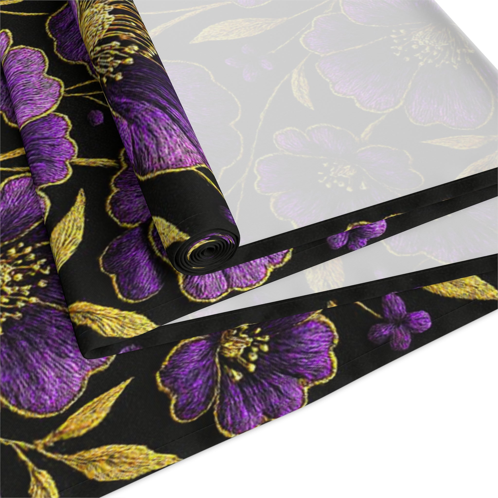 Petrykivka Bloom Table Runner | Purple Poppy Floral Table Runner | Moody Gold Embroidered Look Table Decor