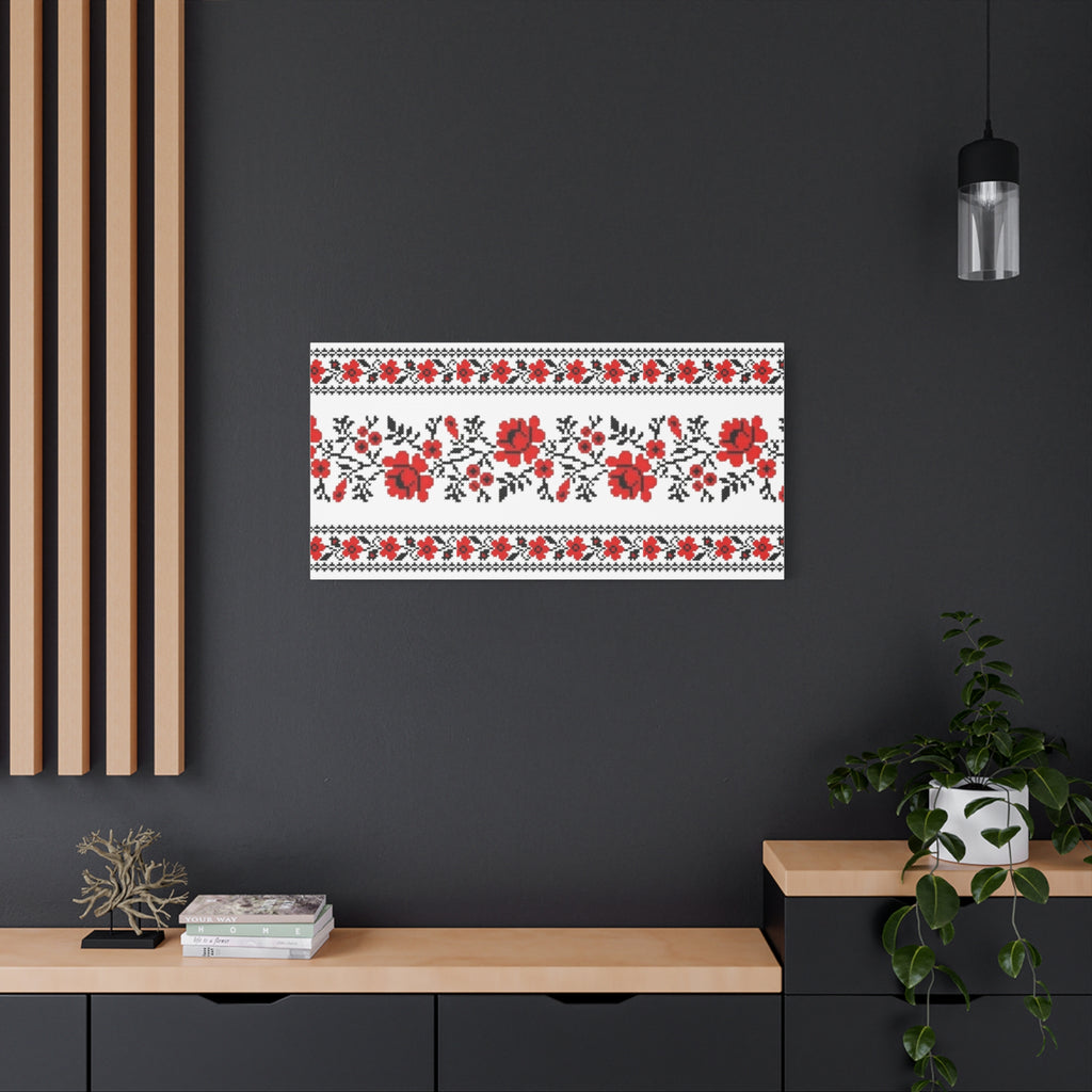 Ukrainian Embroidery Wall Art, Red Black Folk Floral Pattern, Traditional Slavic Home Decor Canvas for Living Room or Entryway, Matte Print, Stretched 1.25" Ready to Hang