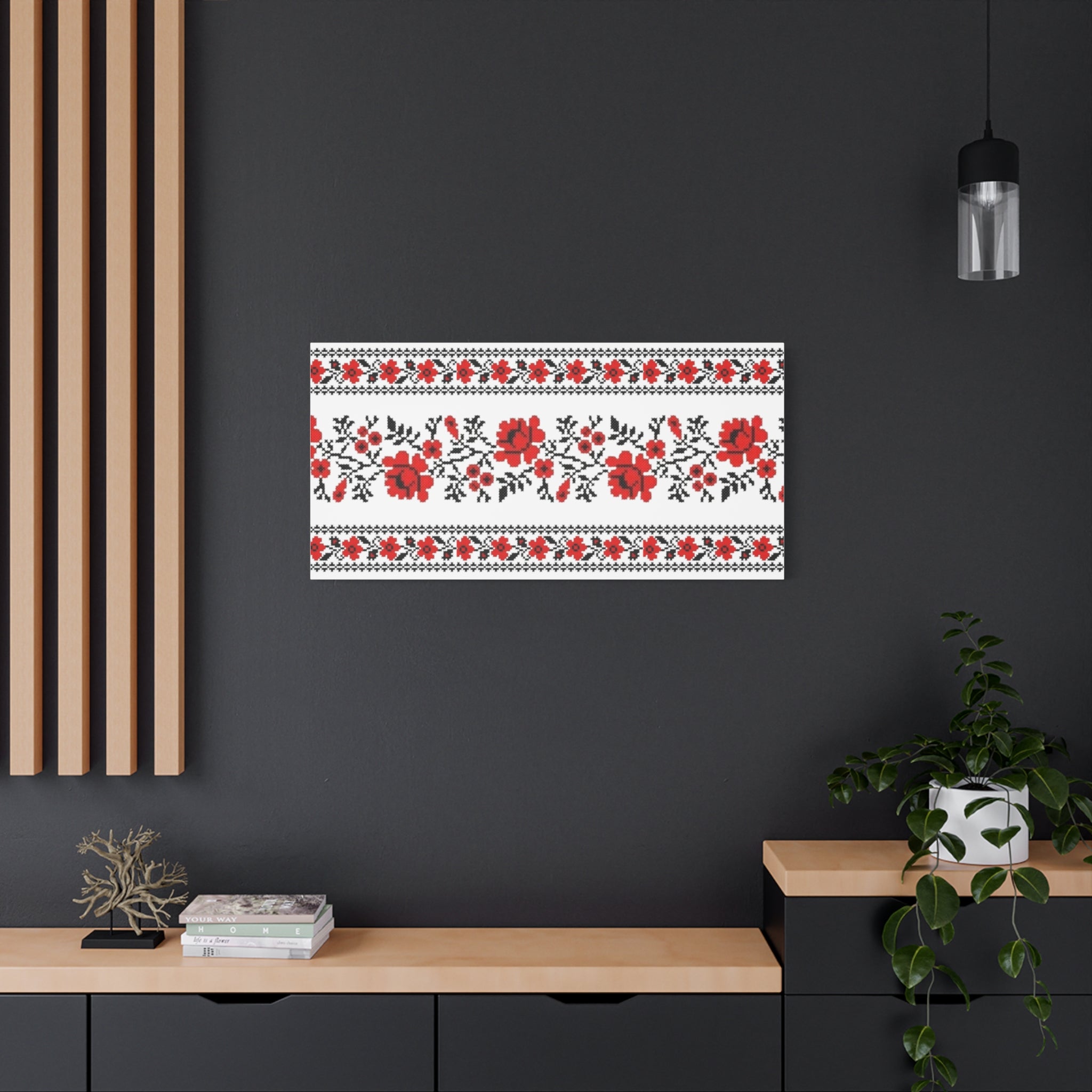 Ukrainian Embroidery Wall Art, Red Black Folk Floral Pattern, Traditional Slavic Home Decor Canvas for Living Room or Entryway, Matte Print, Stretched 1.25" Ready to Hang