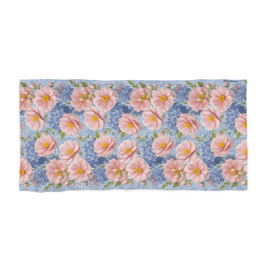 Soft Provence Beach Towel - Pink Peony & Blue Hydrangea Floral, Quick-Dry Summer Wrap, Vintage Botanical Gift for Her