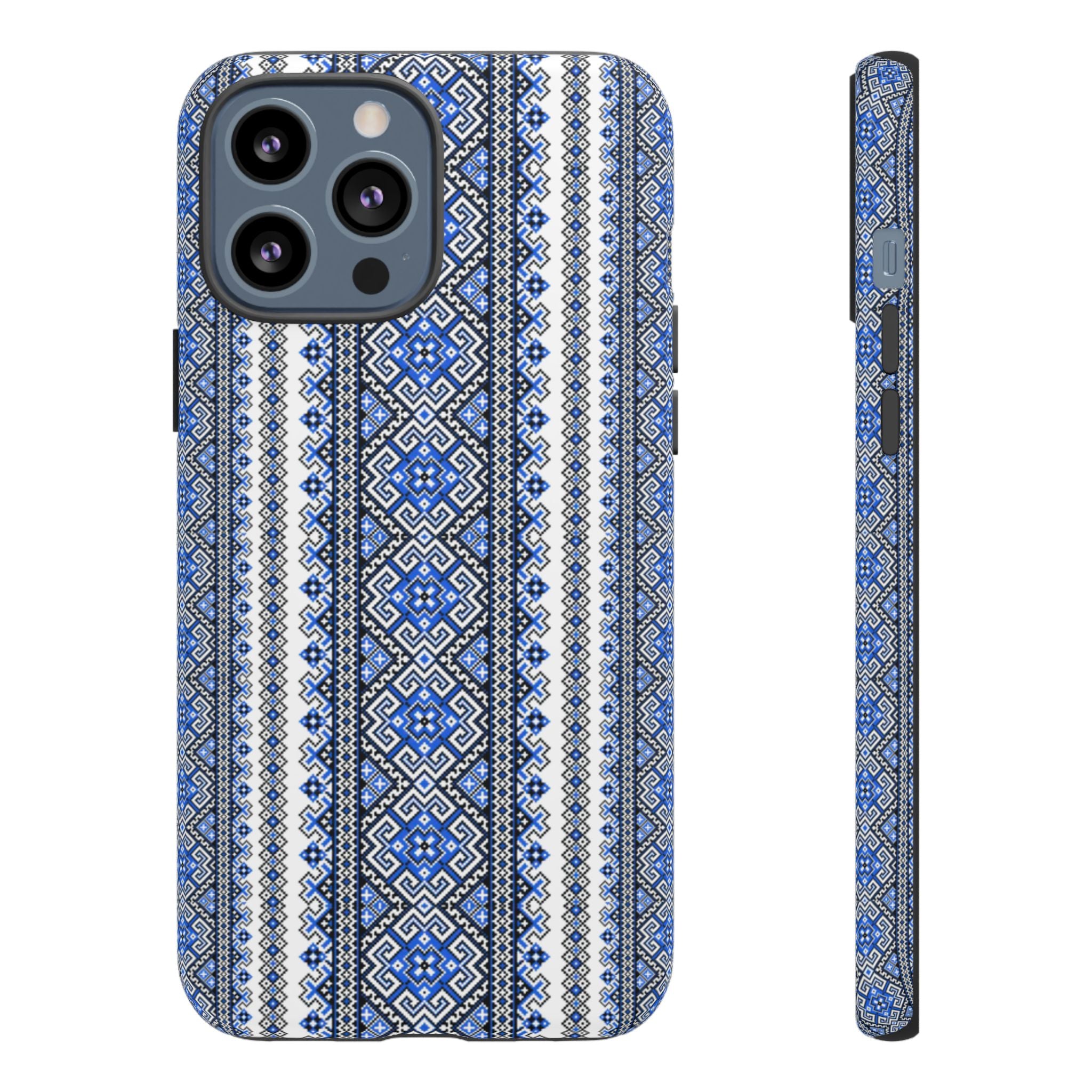 Ukrainian Pattern iPhone Case, Blue Black Geometric Folk Design, Protective Phone Cover, Traditional Ethnic Print