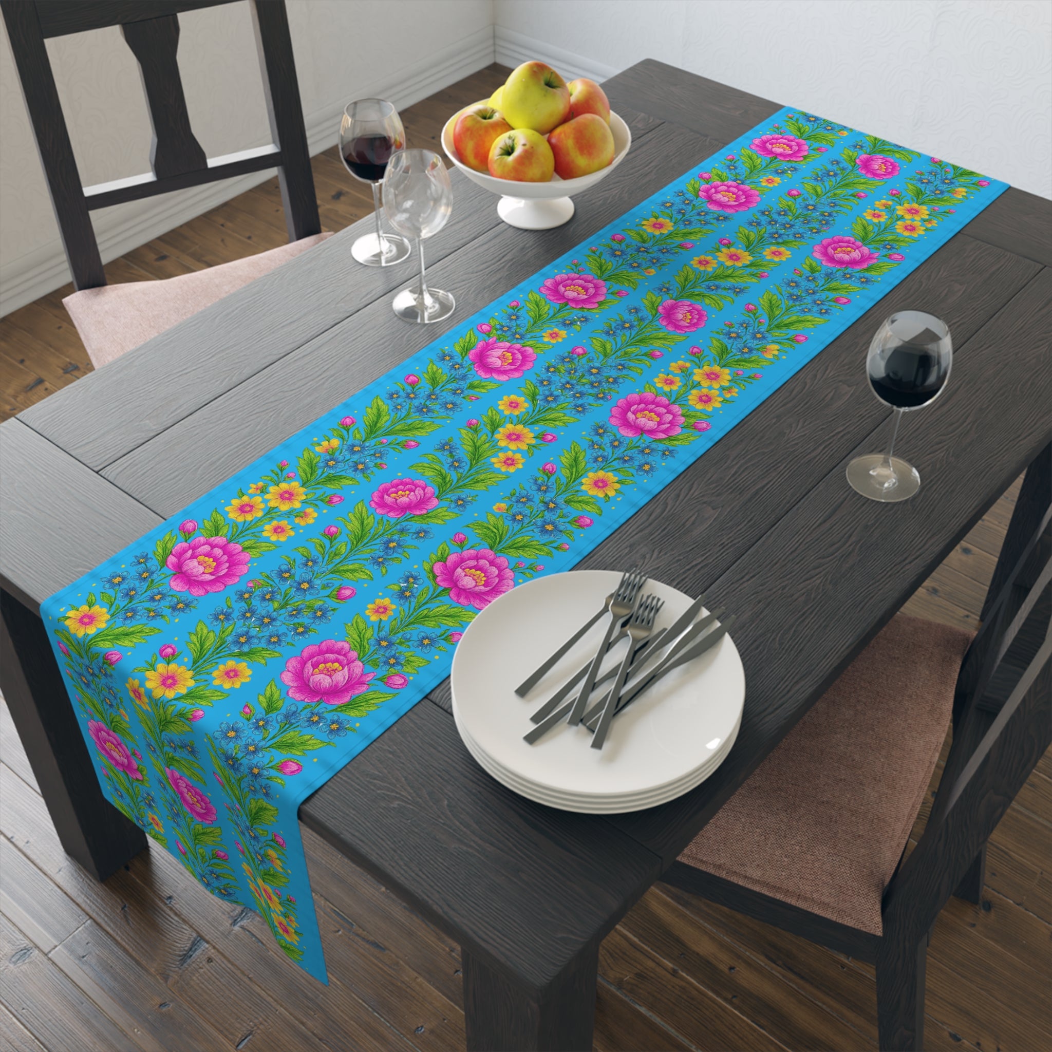 Pastel Floral Table Runner – Soft Pink & Peach Blooms | Cotton or Polyester | BLUESKYDEZIGN