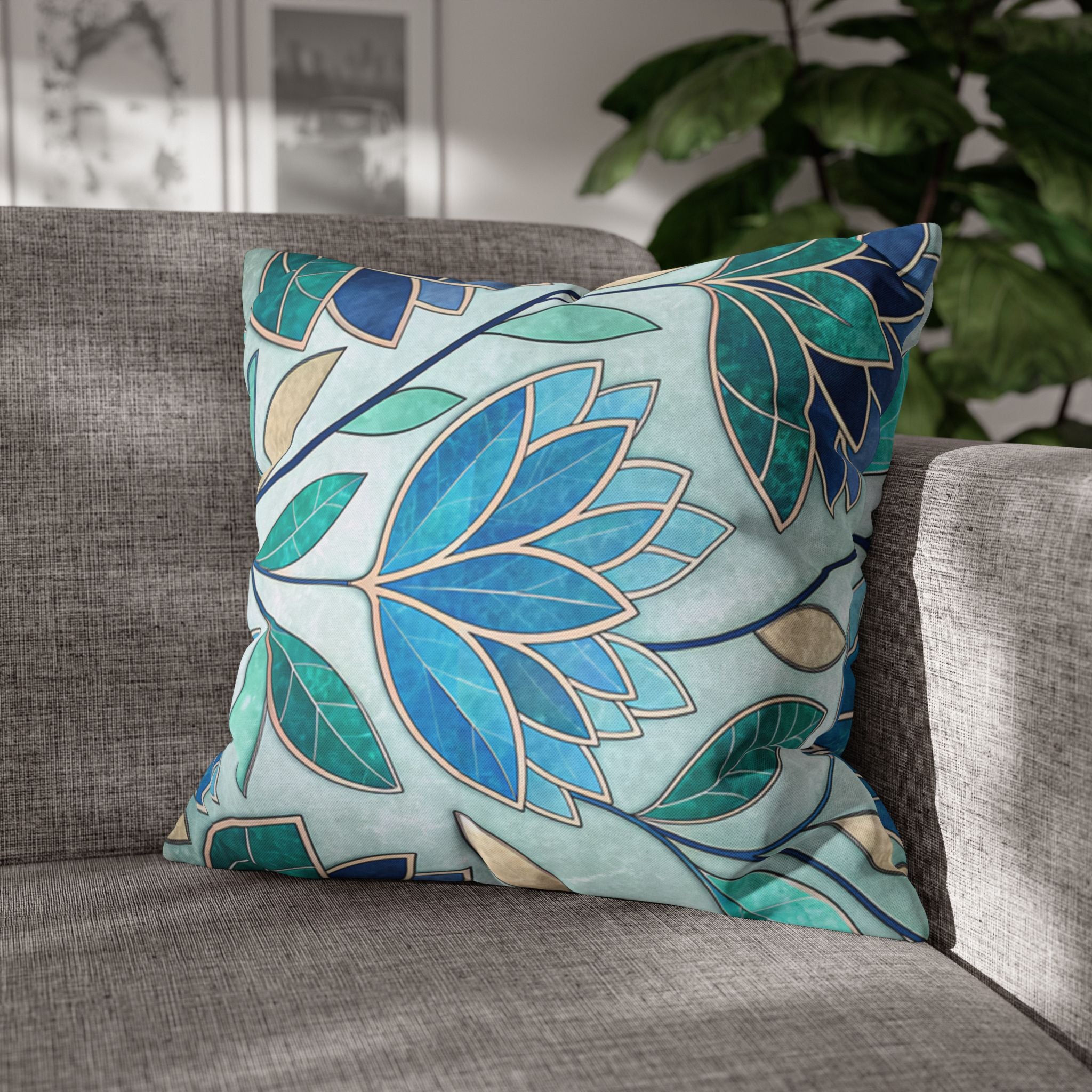 Mosaic Pillowcase 1piece, Stained Glass Style Floral Cushion Covers, Teal Blue Decorative Polyester Throw Pillowcases