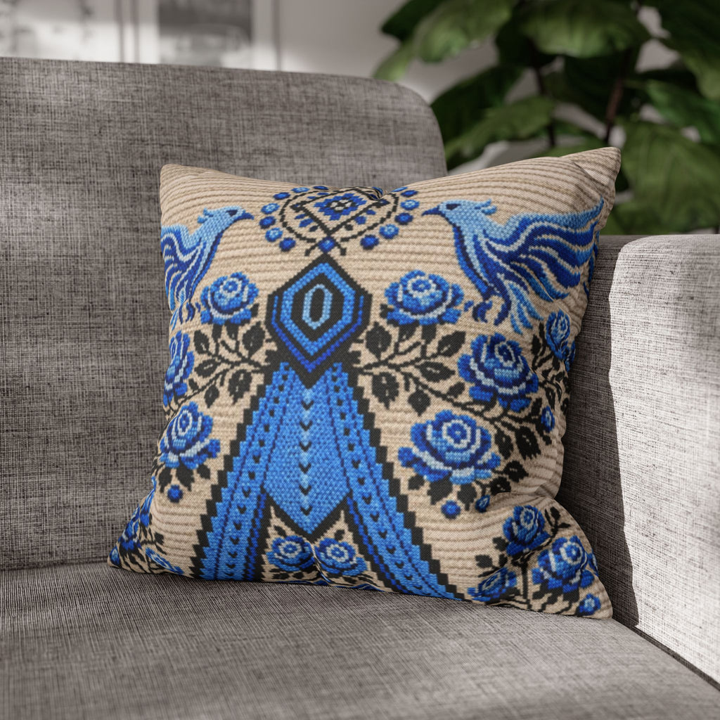 Ukrainian Berehynia throw pillow with blue black folk art pattern on sofa
