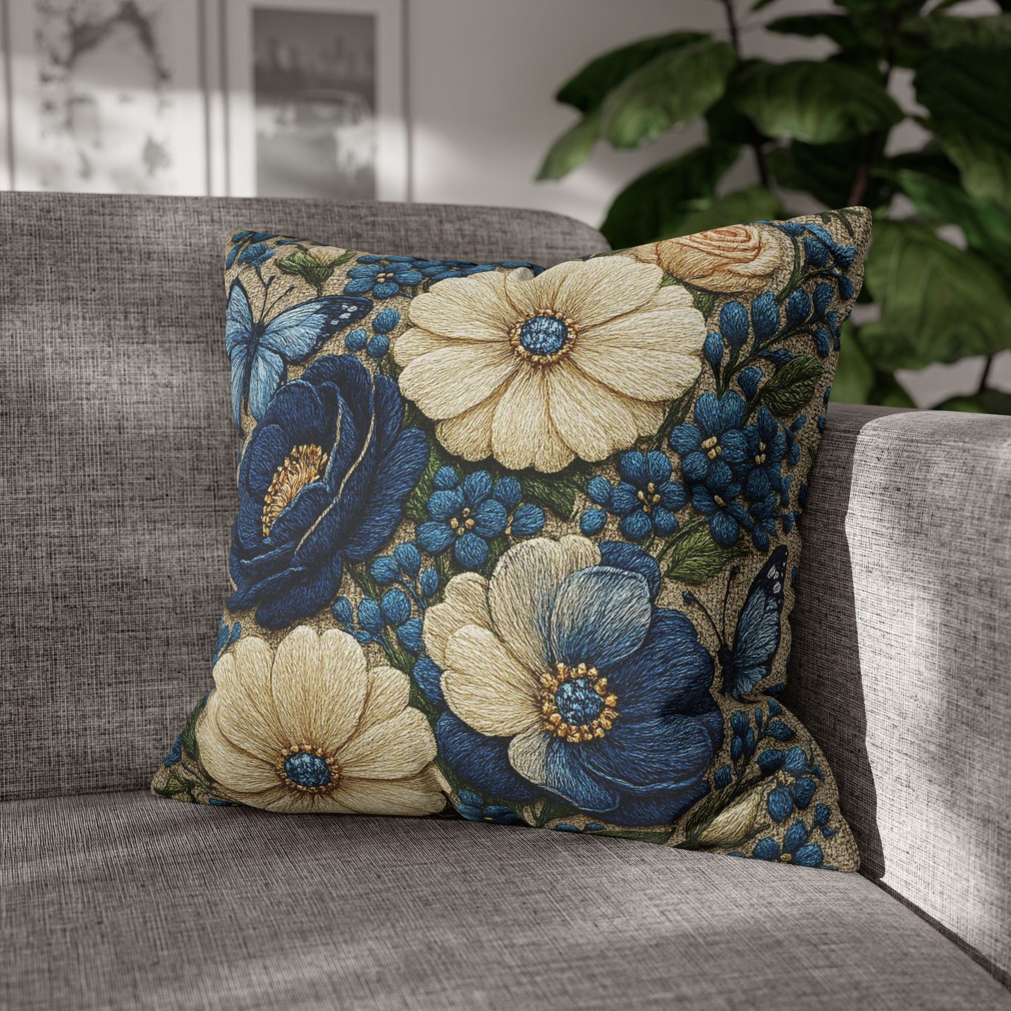 Wild Beauty Floral Throw Pillow Cover – Blue & Cream Botanical Cushion Case