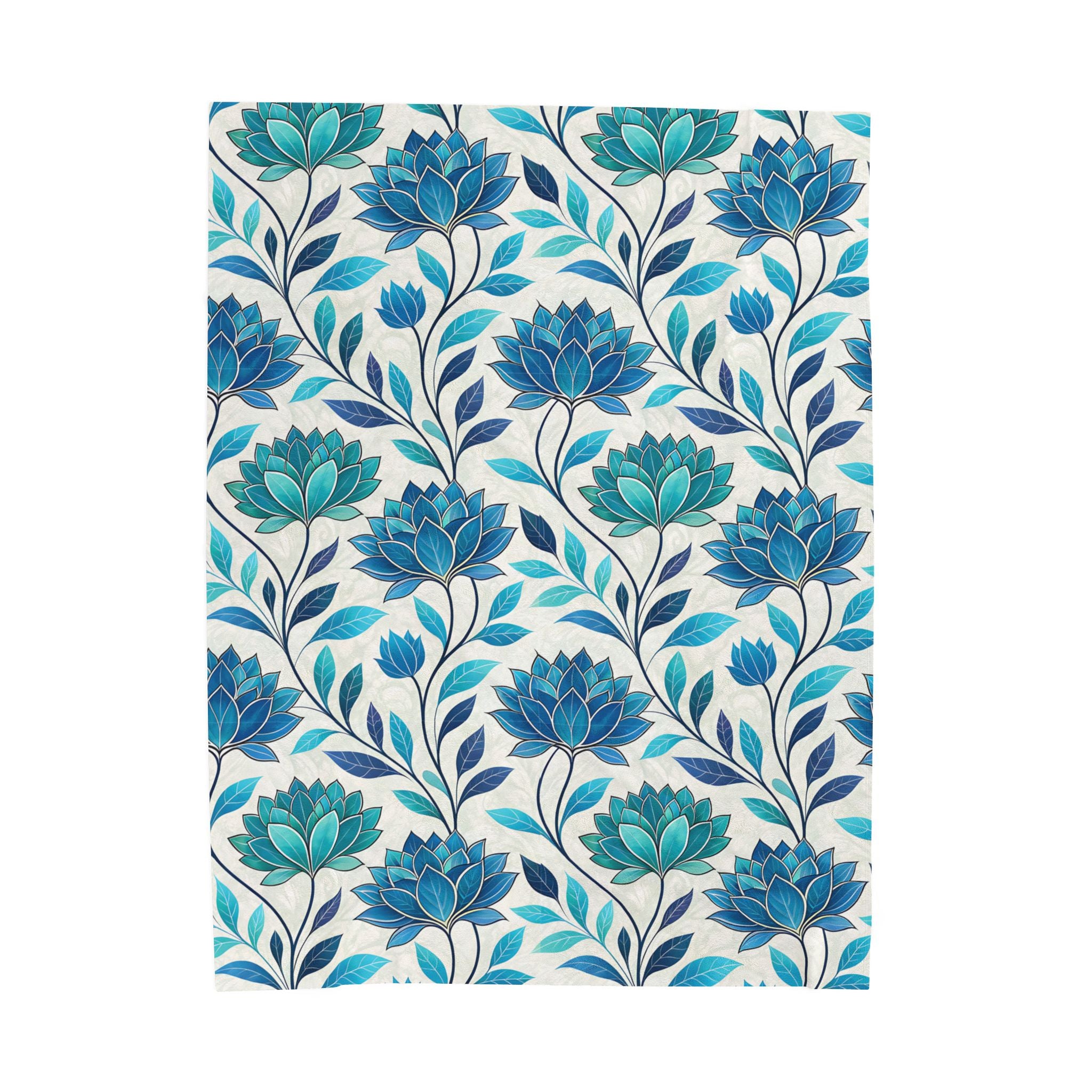 Blue Floral Velveteen Plush Blanket – Soft Lotus Pattern Throw for Cozy Home, Living Room, or Gift