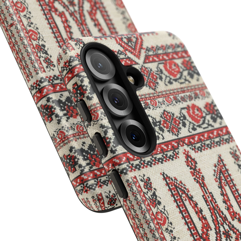 Ukrainian Trident Embroidery Phone Case • Red Black Trident Pattern • Protective Folk Art Cover for iPhone & Samsung