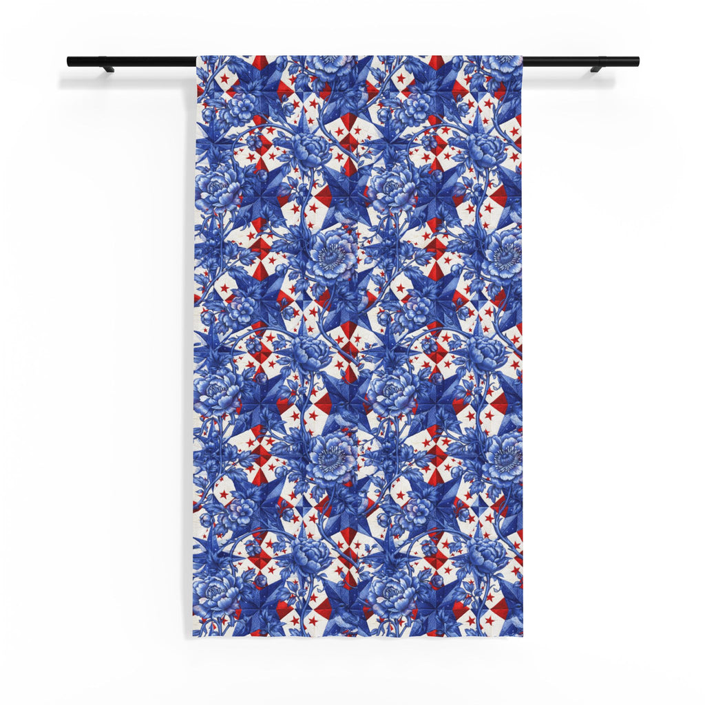 America 250th Anniversary Sheer Curtain - Blue Toile-Inspired Floral & Patriotic Star Window Treatment