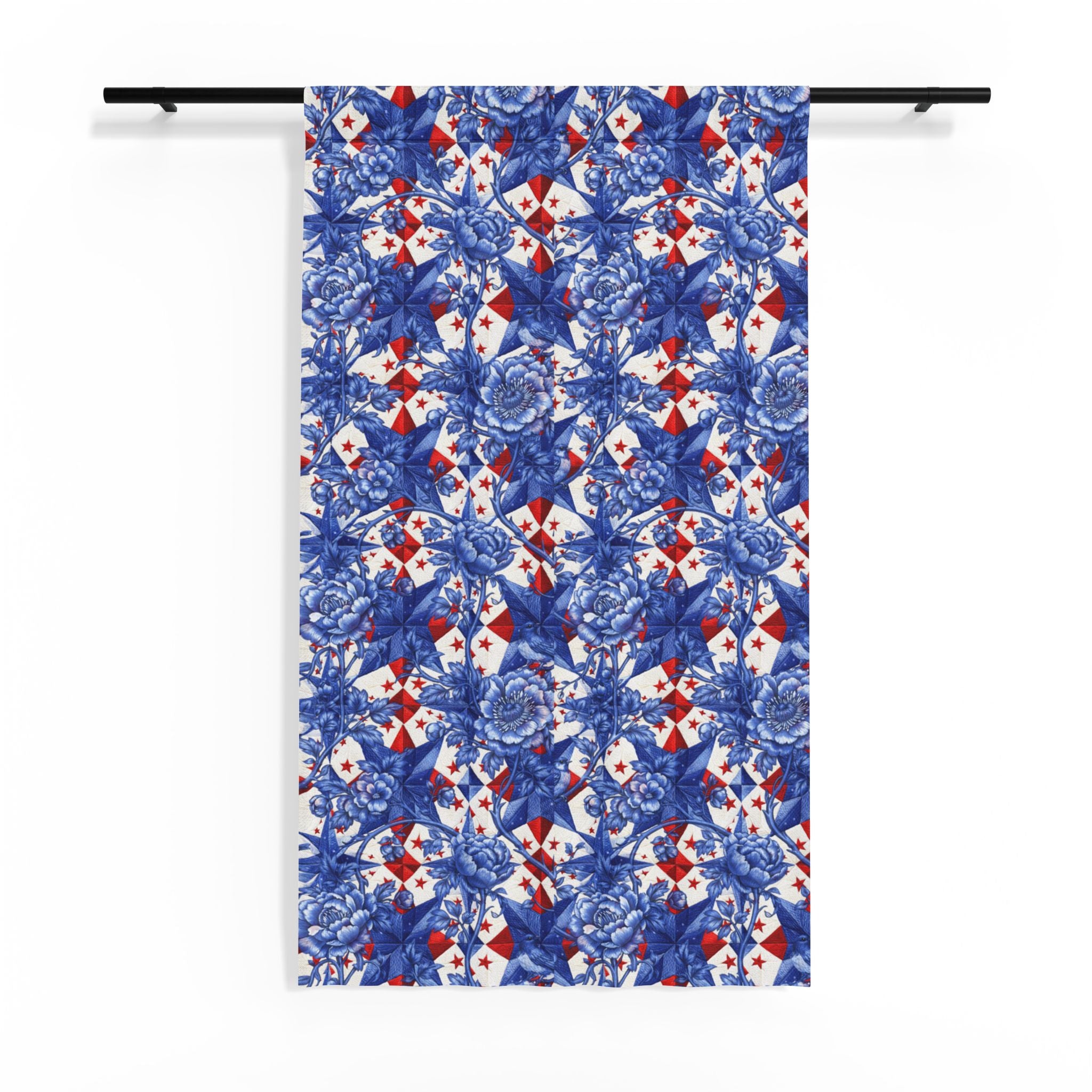 America 250th Anniversary Sheer Curtain - Blue Toile-Inspired Floral & Patriotic Star Window Treatment