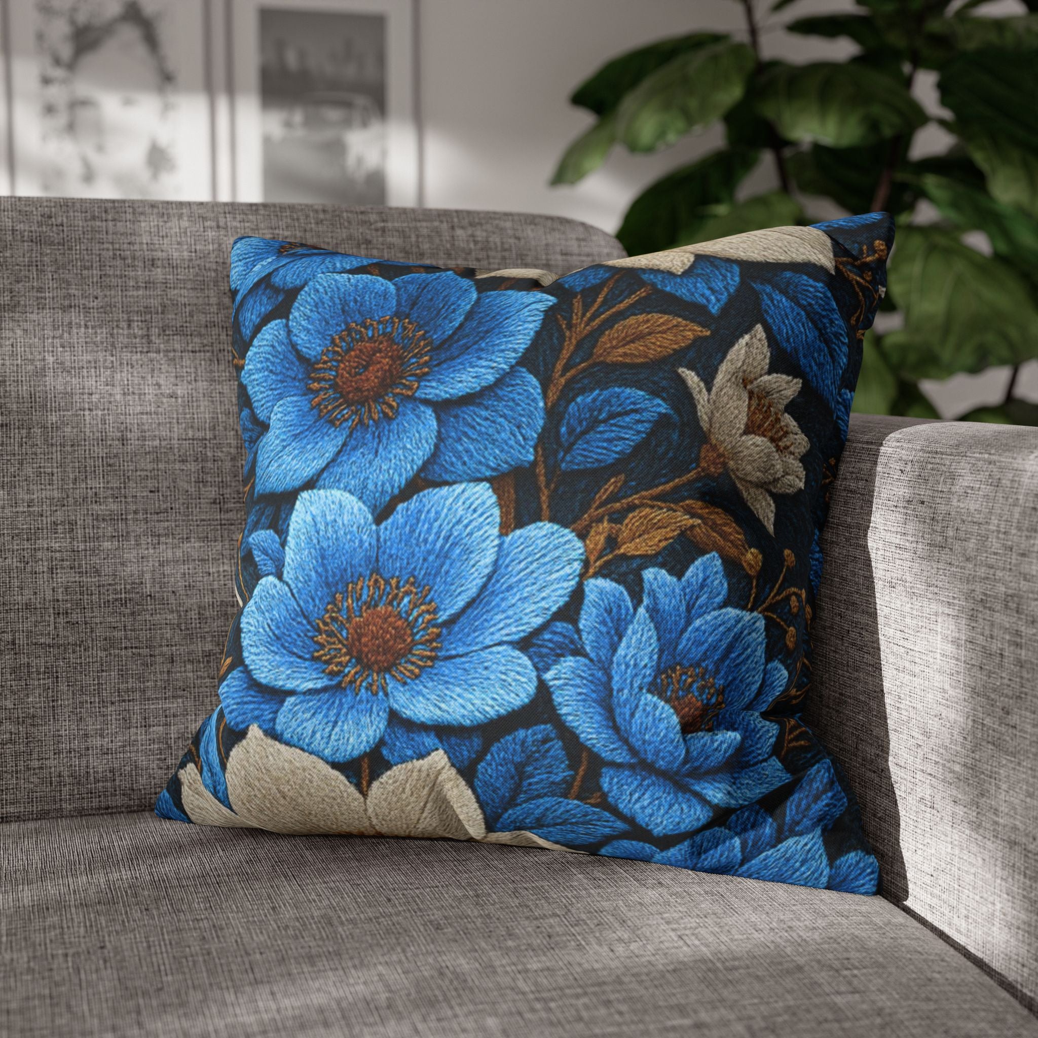Midnight Symphony Floral Pillow Case | Navy Blue & Cream Botanical Cushion Cover