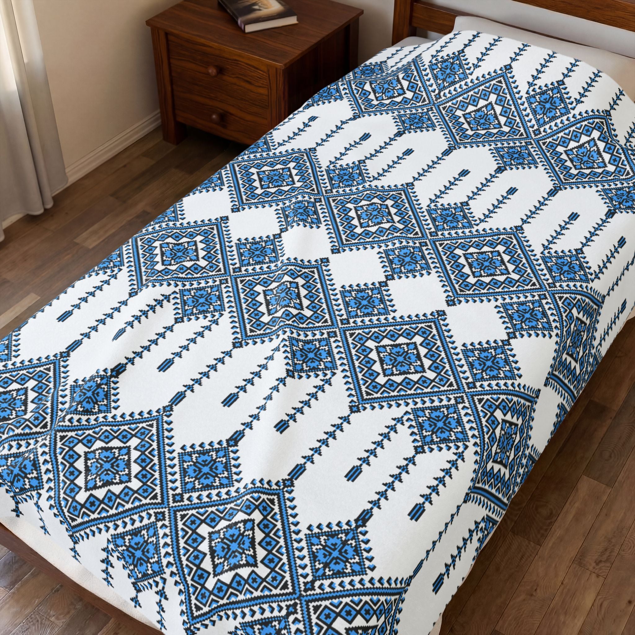 Velvet Plush Blanket with Traditional Ukrainian Pattern, Soft Cozy Throw in 3 Sizes, Blue Black Ethnic Design Home Decor