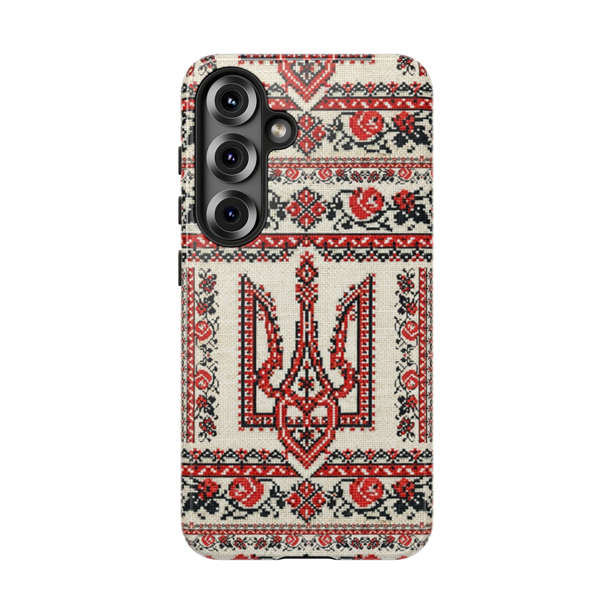 Ukrainian Trident Embroidery Phone Case • Red Black Trident Pattern • Protective Folk Art Cover for iPhone & Samsung