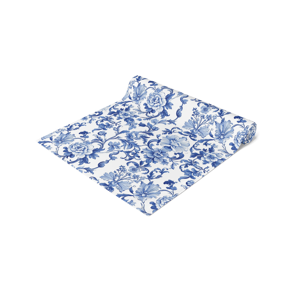 BLUESKYDEZIGN Blue Floral Tile Table Runner - Delft Porcelain Inspired Decor