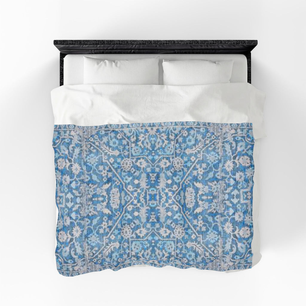 BLUESKYDEZIGN Grandmother's Heritage Velveteen Blanket - Blue Vintage Floral Boho Throw, Modern Rustic