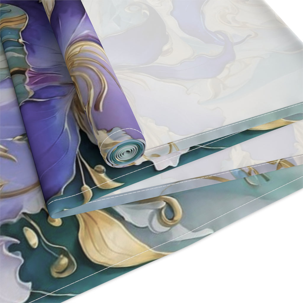 Purple Iris Floral Table Runner – Violet Gold Botanical Dining Decor, Cotton Twill or Polyester, 72" & 90"